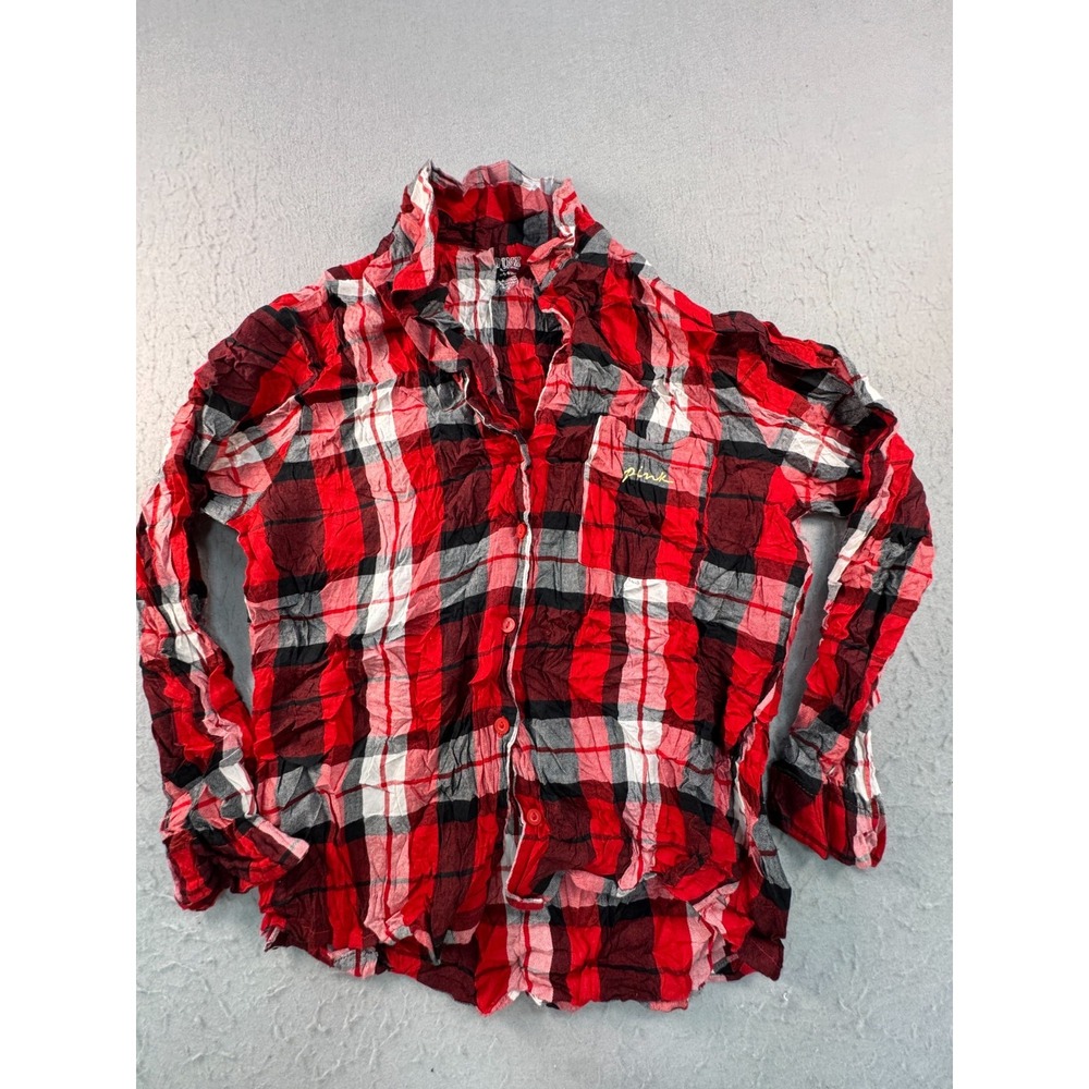 Victoria's Secret PINK Pajama Top Women Large Red Plaid Long Sleeve Button Front